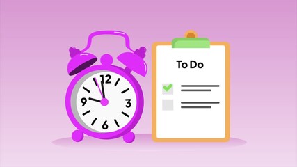 Planning daily tasks with a to-do list and alarm. Time Management concept. Full length animation illustration. High quality 4k footage