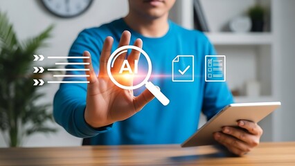 Man interacting with AI interface on digital tablet in modern office