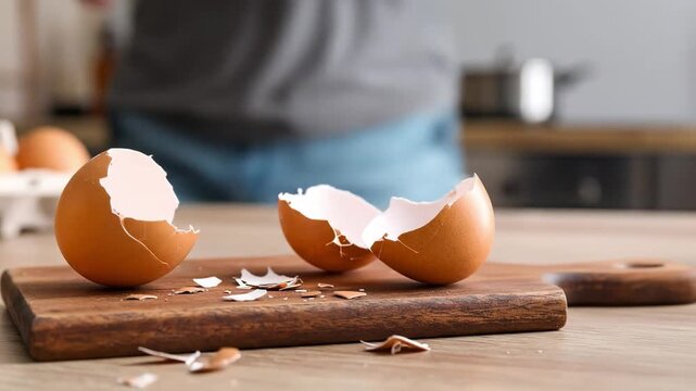Broken eggshell on wooden cutting board with blurred kitchen background