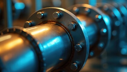 Industrial metal pipeline with many bolts and plates. Shiny steel tube connects parts in factory. Fluid energy transport system with technical construction.