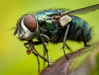 Detailed Macro Photograph of a Green Fly Insect Resting on a Leaf with Water Droplets