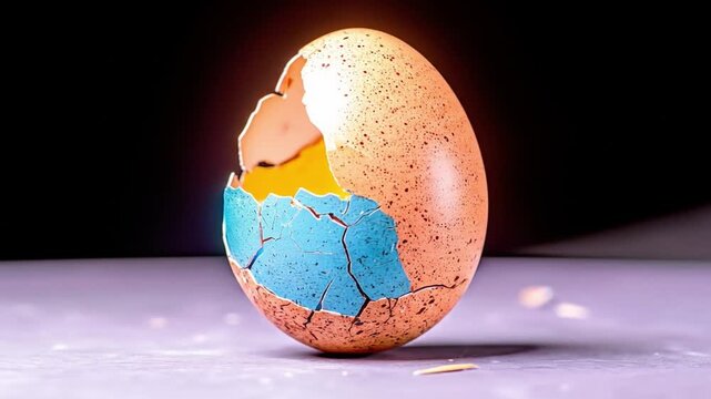Broken eggshell revealing vibrant colors and textures isolated background