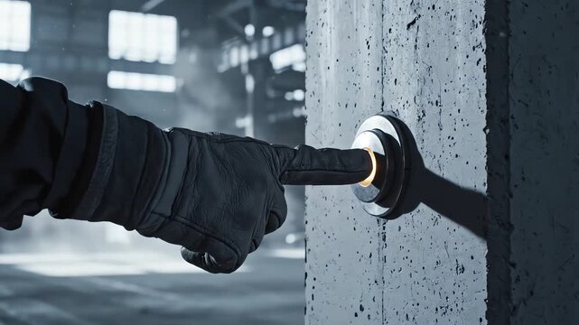 Activating Emergency Button in Industrial Setting - Close Up on Hand and Concrete Wall with Metallic Detail and