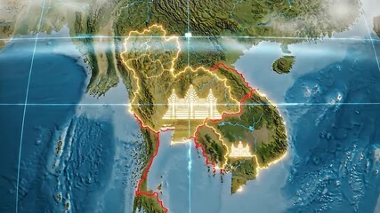 Dynamic digital map animation showcasing the geographical region of Southeast Asia specifically highlighting the nations of Cambodia Thailand and Vietnam with an iconic Angkor Wat temple symbol promi.