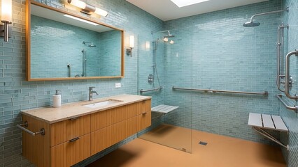 Modern Accessible Bathroom with Teal Tiles and Wooden Vanity.