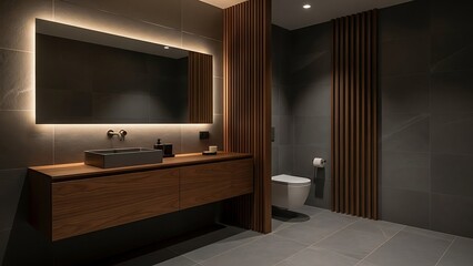 Modern Bathroom Interior with Wooden Vanity and Illuminated Mirror.
