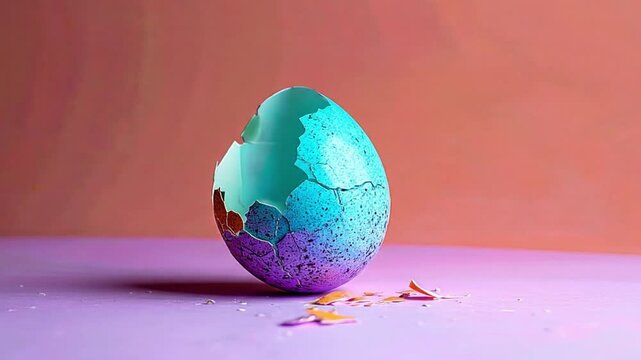 Broken eggshell with turquoise and purple paint against colorful background