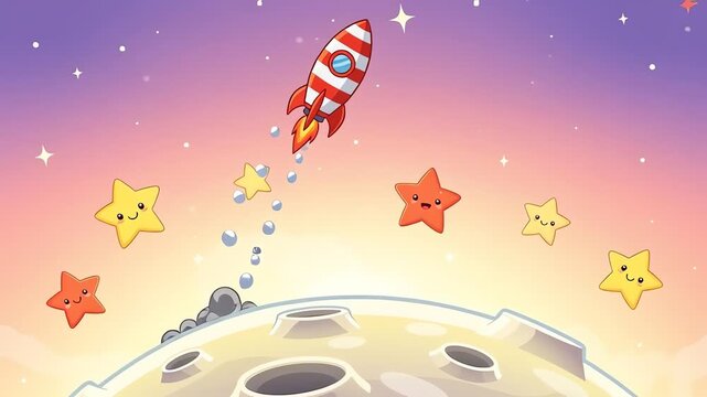 Cute cartoon rocket ship stars space Moon surface kids background