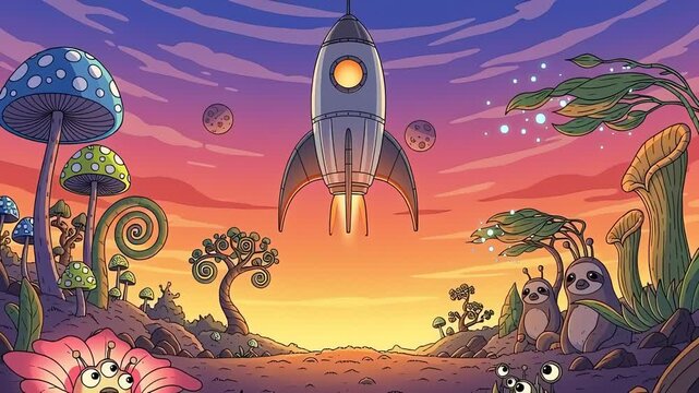 Cartoon rocket ship on psychedelic alien planet exploration scene