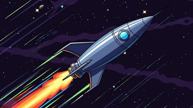 Vivid Cartoon rocket ship Launching into Galaxy