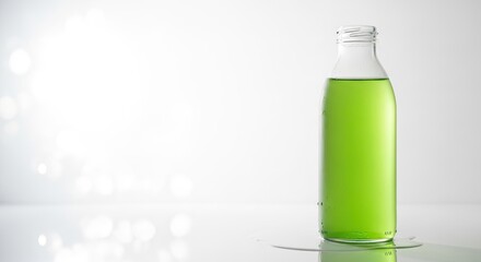 A clear glass bottle filled with green liquid on a white surface.