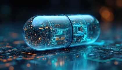 Transparent pill with circuits inside. Advanced tech medicine concept. Futuristic capsule blends digital networks and health innovation. Smart drug delivery.