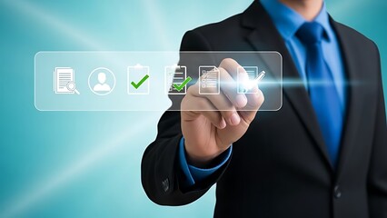 Businessman interacting with digital interface for document management