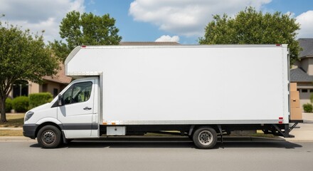 A white delivery truck with a white box on the back, driving down a residential street with green trees and houses in the background.