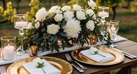 A beautifully set table with white roses and candles, adorned with gold plates and silverware, in a lush green garden setting.