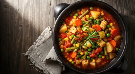 A bowl of vegetable soup with a variety of vegetables including carrots, peas, corn, and green beans in a rich tomato-based broth.