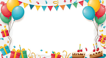 A colorful birthday party frame with balloons, confetti, and cake.