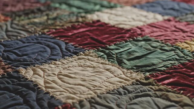 Zooming Into Vintage Patchwork Rag Quilt With Colorful Cloth Squares