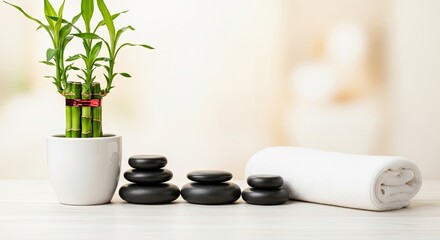 A white table with a white towel and a white vase with green bamboo leaves.