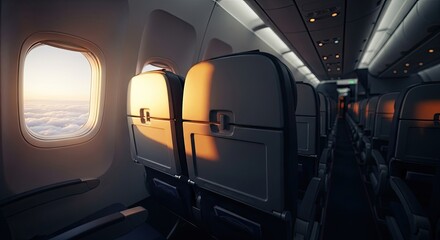 Empty airplane cabin with rows of seats and a window showing a sunset.