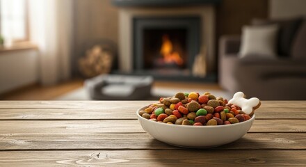 A bowl of colorful dog food on a wooden table in a cozy living room with a fireplace and a couch.
