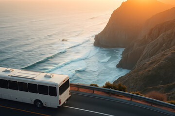 Bus traveling on a scenic coastal highway at sunset
