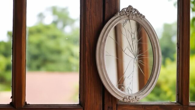 Broken mirror in ornate frame set against window and greenery