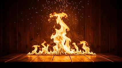 Flames Dancing on Wooden Floor Indoors Captured in Warm Lighting Fire Photography Close-Up View