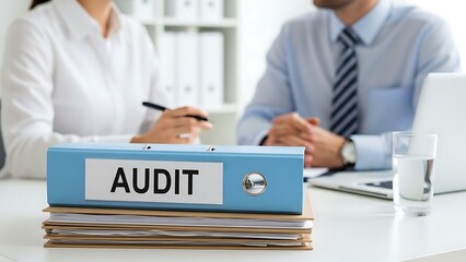 Business professionals reviewing audit documents in office setting