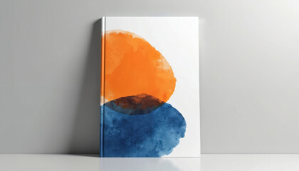 Abstract book cover features vibrant orange and blue watercolor shapes. Clean white background suits modern graphic design. Minimalist art perfect for publication.