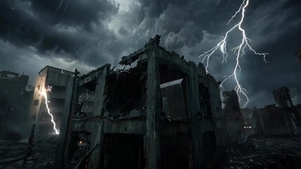 Apocalyptic Cityscape Ruined Buildings Lightning Storm Dramatic Sky. - Powered by Adobe