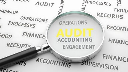 Closeup of magnifying glass on audit document with keywords