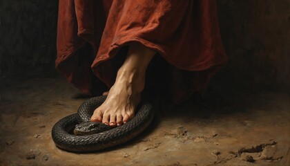 Bare foot steps on coiled black snake. Red fabric drapes over figure. Symbol of overcoming evil, danger, temptation. Religious artwork depicts spiritual strength and faith.