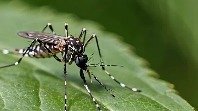 Close-up of an Asian tiger mosquito, Aedes albopictus, resting on a green leaf in natural habitat, showcasing its distinctive striped pattern and delicate structure.