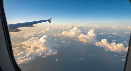 Obraz premium Breathtaking aerial view from an airplane window, showcasing vast cloudscapes stretching towards the horizon during a serene sky journey