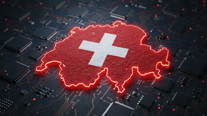 Digital Switzerland flag on circuit board shows nation tech network. Electronic infrastructure, cyber connectivity. Modern innovation, data transfer, futuristic design. Swiss progress, *Digital & Tech