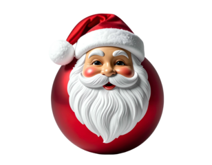 A jolly Santa Claus face adorns a shimmering red orb