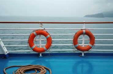 Two orange lifebuoys hang on a white railing on a blue ferry deck. Calm grey ocean water stretches to the misty horizon. A coil of thick rope rests on the deck.
