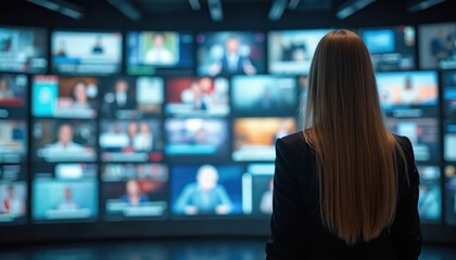 Woman looks at wall of multiple screens showing diverse media content. She stands in a modern office environment observing data streams and visual information.