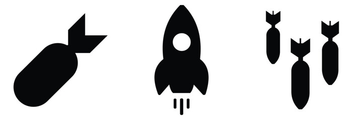 Bomb and Missile Icon Set &ndash; Explosive Device, Nuclear Warhead, Burning Fuse Symbol & Military Ordnance Silhouette Vector Collection