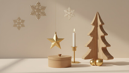 Empty wooden stand for products with carved Christmas tree and golden star. Christmas and Winter