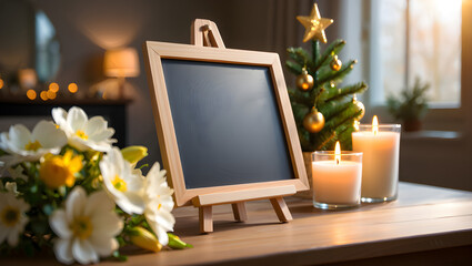 Cozy Christmas setup with blank chalkboard sign and candles