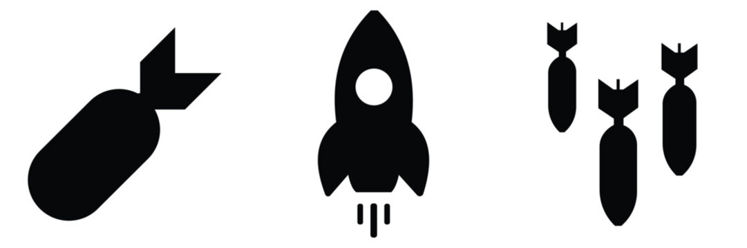 Bomb and Missile Icon Set &ndash; Explosive Device, Nuclear Warhead, Burning Fuse Symbol & Military Ordnance Silhouette Vector Collection