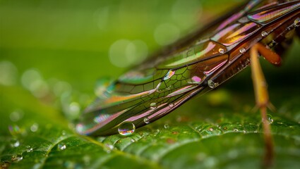 Macro photograph of an insect wing with iridescent colors resting on a dew-covered leaf