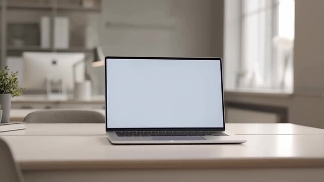 A modern silver laptop with a blank white screen rests on a light desk in a contemporary office. Use for mockups.
