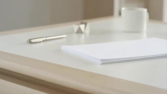 A neat stack of blank white papers rests on a bright, minimalist office desk, perfect for various tasks.