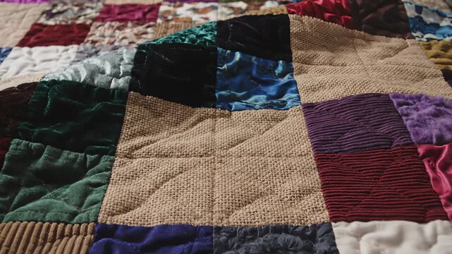Close Up of Colorful Patchwork Quilt Fabric With Varied Textures