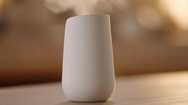 A sleek white aroma diffuser emits a gentle, calming mist, enhancing the ambiance of a cozy room. Perfect for relaxation and wellness.