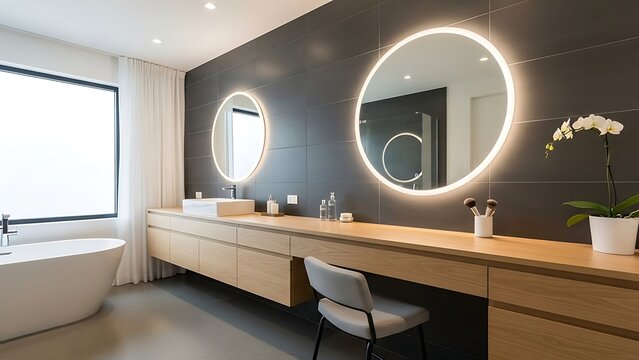 Modern Bathroom Interior with Illuminated Mirrors and Wooden Vanity. - Powered by Adobe