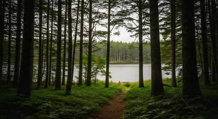 Obraz premium Pathway Through a Dense Forest Leading to a Serene Lake.